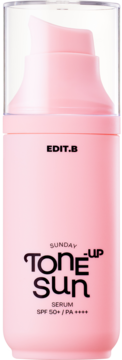 Różowe serum przeciwsłoneczne EDIT.B Sunday Pink Tone-Up Sun SPF 50+ PA++++ w butelce z pompką, widok z przodu.