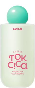 EDIT.B Calming Tok Cica Heartleaf Gel Essence, jasnozielona butelka, miętowa zakrętka, różowy napis, przód.