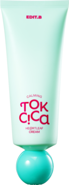 EDIT.B Calming Tok Cica Heartleaf Cream w miętowej tubce z różowym logo i turkusową kulką, widok z przodu.