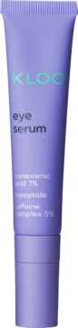Fioletowe serum pod oczy KLOO w tubce, z przodu napisy o składzie: kwas traneksamowy, tripeptyd, kofeina.