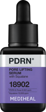 MEDIHEAL PDRN Pore Lifting Serum ze skwalanem w ciemnej butelce z dropperem, fioletowa etykieta, widok z przodu.