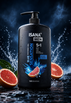 Isana Men Blue Sensation 5-in-1 żel pod prysznic w czarnej butelce z pompką, z grejpfrutami i rozbryzgami wody.