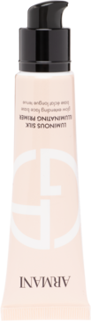 Beżowy primer Armani Luminous Silk Illuminating Primer w tubce z pompką, widok z przodu, widoczne logo GA.