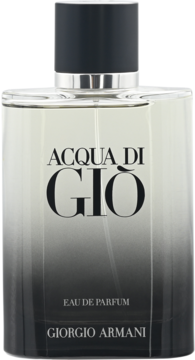 Męskie perfumy Giorgio Armani Acqua Di Giò EDP, szklana butelka z gradientem szarości, czarną nakrętką, widok z przodu.