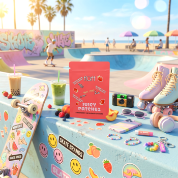 Fluff Juicy Patches, czerwona saszetka z owocami na tle skateparku i plaży, słoneczny dzień.