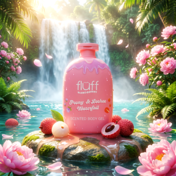 Fluff Peony & Lechee Waterfall żel pod prysznic w różowej butelce na tle wodospadu z kwiatami i liczi.
