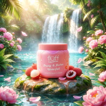 Różowy słoiczek Fluff Peony & Lechee Water Gel, na skale z liczi, piwoniami i wodospadem w tropikalnym otoczeniu.
