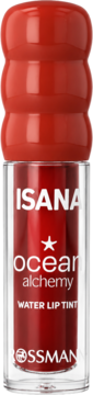 ISANA ocean alchemy Water Lip Tint w przezroczystej butelce z czerwoną cieczą i czerwoną zakrętką, widok z przodu.