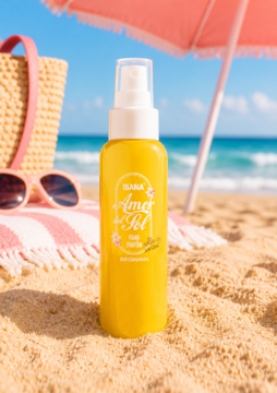 Żółta butelka ISANA Amor del Sol Perfumowanej Mgiełki Dezodorującej na piasku, z plażowym tłem.