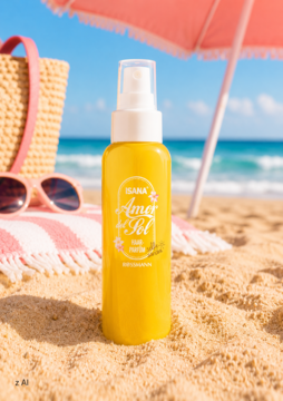 Perfumy do włosów Isana Amor del Sol w żółtej butelce, z atomizerem, na piasku plaży z parasolem.