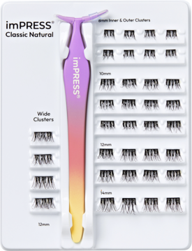 imPRESS Falsies Press On Classic Natural, zestaw rzęs w klastrach bez kleju, z gradientowym aplikatorem i różnymi rozmiarami.