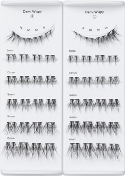 Dwa białe opakowania samoprzylepnych klastrów rzęs imPRESS Long Lasting Demi Wispy 8-16mm, widok z przodu.