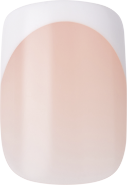 Pojedynczy, kwadratowy paznokieć KISS Salon Acrylic French 'Bonjour' z białym frenchem na naturalnym tle.