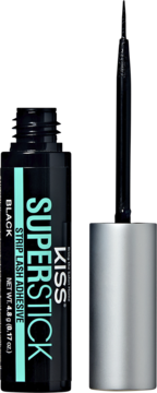 KISS SuperStick Black Strip Lash Adhesive, open black bottle with teal label, silver cap & applicator brush.