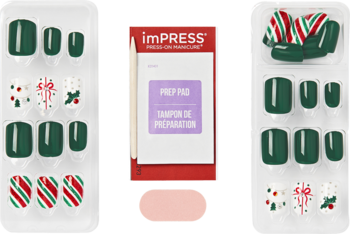 imPRESS Pedicure: świąteczne zielone sztuczne paznokcie u stóp, w paski, kropki i z jemiołą, plus prep pad.