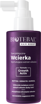 Biotebal HAIR BOOST fioletowa wcierka stymulująca wzrost włosów, biały aplikator, napis Growth Activ.