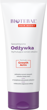 Biotebal Hair Boost odżywka stymulująca wzrost włosów w białej tubce z fioletową zakrętką, formuła Growth Activ.