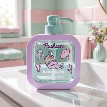 Mydło do rąk Pusheen VanillaMilk 500ml, przezroczysta butelka w fioletowej ramce z niebieską pompką, motywy morskie.
