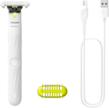 Biała maszynka Philips OneBlade Intimate, z żółtą nasadką i kablem USB, na czarnym tle. Widok z góry.