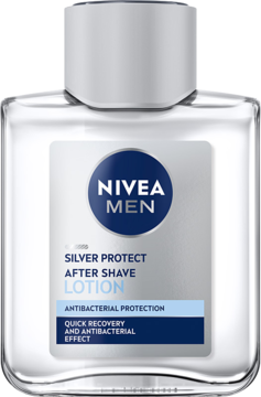 Srebrno-niebieska woda po goleniu NIVEA MEN Silver Protect w kwadratowej szklanej butelce, widok z przodu.