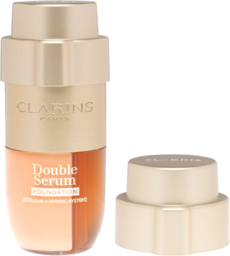 Clarins Double Serum Foundation, złoty podkład-serum do twarzy, butelka z pompką, widok z przodu, z odsuniętą nakrętką.