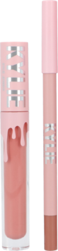 Kylie Cosmetics zestaw: peachy-nude liquid lipstick w tubie z różową nakrętką i brązowa konturówka. Widok z przodu.