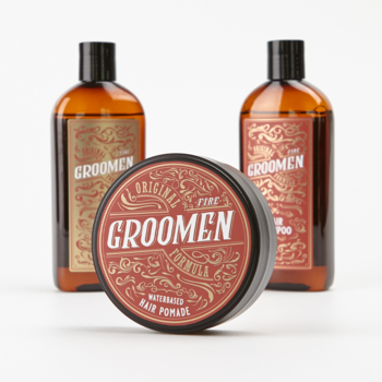 Groomen FIRE: zestaw trzech produktów. Brązowe butelki szamponu i żelu, puszka pomady z etykietami retro.