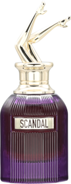 Damska woda perfumowana Scandal w żebrowanej fioletowej butelce, ze złotym napisem i korkiem w kształcie nóg.