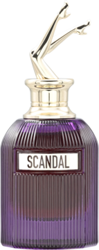 Fioletowa woda perfumowana dla kobiet SCANDAL, butelka z pionowymi żłobieniami i unikalną złotą nakrętką w formie nóg.