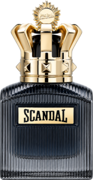 Jean Paul Gaultier Scandal Pour Homme Intense, ciemna butelka z żebrowaniem, złotą koroną i napisem Scandal.