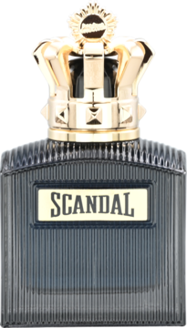 Męska woda perfumowana Scandal w czarnej, żłobionej butelce ze złotą koroną i beżową etykietą, widok z przodu.