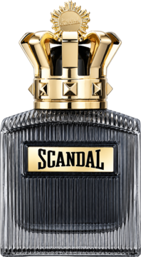 Jean Paul Gaultier Scandal Pour Homme Intense woda perfumowana, czarny flakon z żebrowaną teksturą i złotą koroną.