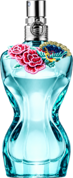 Jean Paul Gaultier La Belle Paradise Garden, perfumy damskie. Turkusowa butelka w kształcie sylwetki, z haftem kwiatowym, widok z przodu.