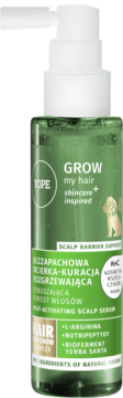 Zielona butelka serum do włosów GROW my hair z białą pompką, widok z przodu, rozgrzewająca wcierka stymulująca wzrost.