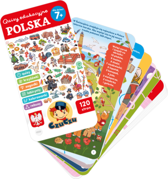 Książeczka edukacyjna "Quizy POLSKA 7+" Gzuzu, 120 stron, z czerwoną okładką i ilustracjami symboli Polski, pod kątem.