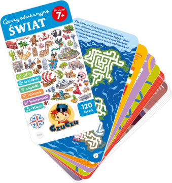 Stos kolorowych kart edukacyjnych Quizy Świat 7+ dla dzieci, z ilustracjami zwierząt, zabytków i labiryntem.