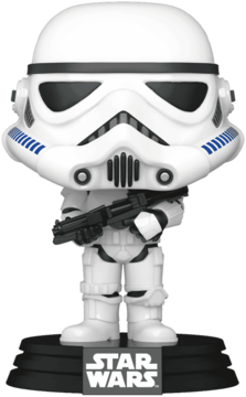 Funko Pop! Star Wars Stormtrooper w białym pancerzu z niebieskimi akcentami, trzyma blaster. Widok z przodu, na podstawce.