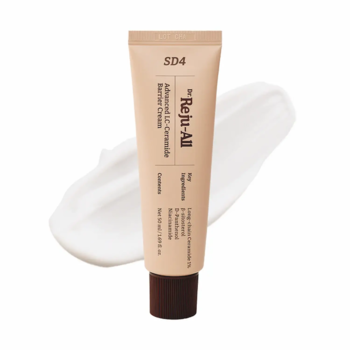 Beżowa tubka kremu SD4 ReJu-All Advanced Ceramide Barrier Cream, obok biały swatch; wspiera barierę skóry.