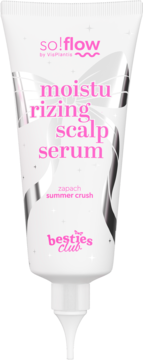 Biała tubka so!flow Besties Club nawilżające serum do skóry głowy, różowy napis, zapach summer crush, przód.