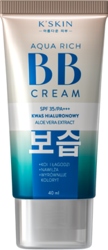 K'SKIN AQUA RICH BB Cream, nawilżająca tubka z SPF 35/PA+++, kwasem hialuronowym i aloesem, z przodu.