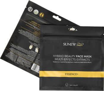 SUNew Hybrid Beauty Face Mask, odmładzająca i uelastyczniająca maska w płachcie, dwa czarne opakowania, przód i tył.