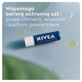 Niebieska pomadka NIVEA MEN Active SPF15, z białym logo, widok z góry, chroniąca usta przed zimnem i słońcem.