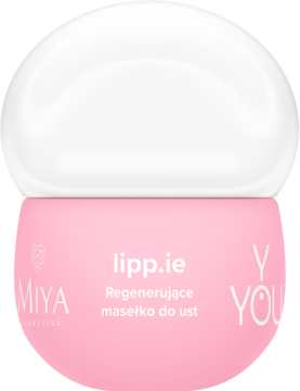 Różowe masełko do ust Miya y.you lipp.ie z białą, kopułkową nakrętką, widok z przodu na białym tle.
