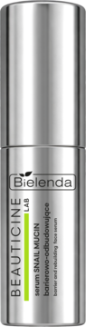 Bielenda Beauticine Lab barierowo-odbudowujące serum ślimakowe, srebrna butelka z pompką, widok z przodu.
