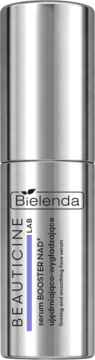 Bielenda Beauticine Lab serum Booster NAD+ w srebrnej, cylindrycznej butelce. Ujędrniająco-wygładzające serum do twarzy, widok z przodu.