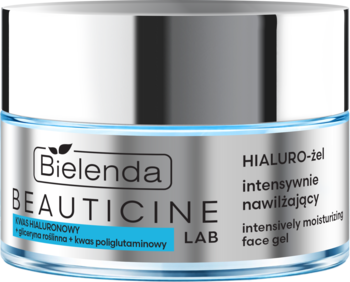 Bielenda BEAUTICINE LAB HIALURO-żel nawilżający w przezroczystym słoiku ze srebrną zakrętką, widok z przodu.