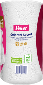 Velvet Oriental Secret papier toaletowy, biały z różowym zdobieniem, PEFC, widok z boku rolki z etykietą 3 warstwy.