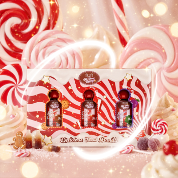 Zestaw 3 perfum Fluff EAU de parfum intense (Spiced Cookie, Cola, Sugar Plum) w pudełku w paski cukierkowe, widok z przodu.