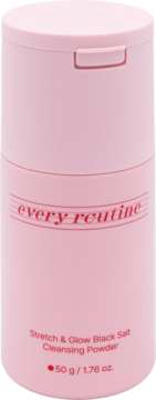 Różowy puder EVERY ROUTINE z czarną solą, w cylindrycznej butelce z klapką, widok z przodu.