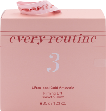 Różowe pudełko Every Routine Liftox-seal Gold Ampoule, serum ujędrniające, widok z przodu, z numerem 3.